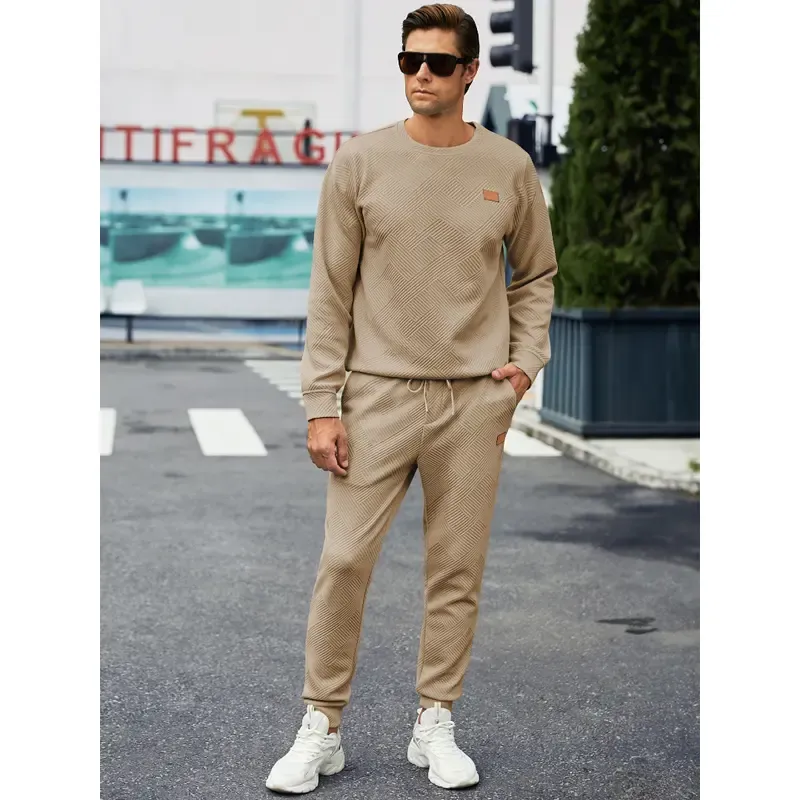 🔥Last Day 49% Off - Men's 2 Piece Sweatsuits Outfits Casual Crewneck Jacquard Sweatshirt Joggers Sweatpants Set Tracksuit High Quality Fabric Classic Design