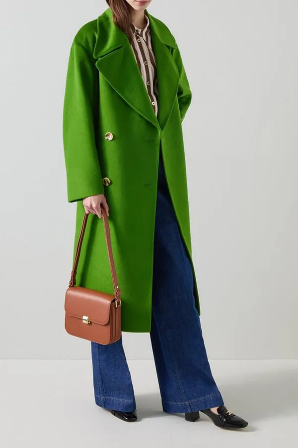 Green Double Breasted Long Wool Coat