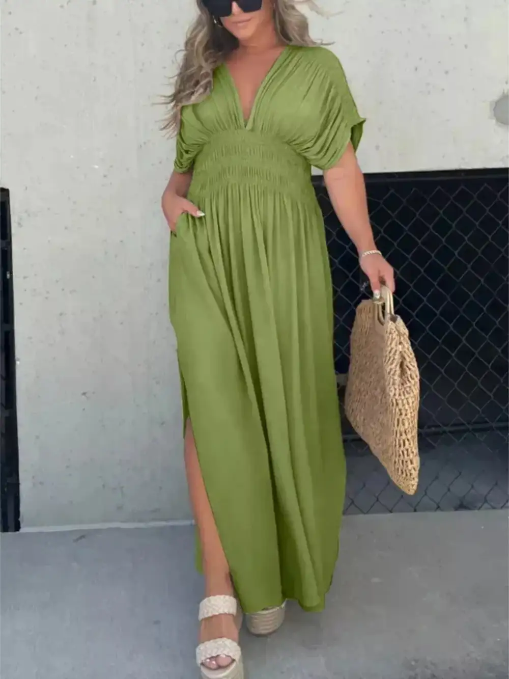 V Neck Smocked Slit Maxi Dress