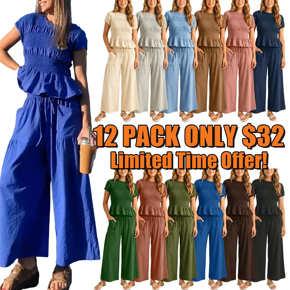 Women's 2-Piece Smocked Top and Wide-Leg Pants Set