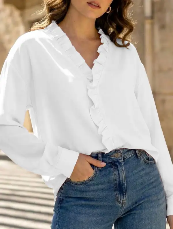Ruffle V-Neck Long Sleeve Blouse