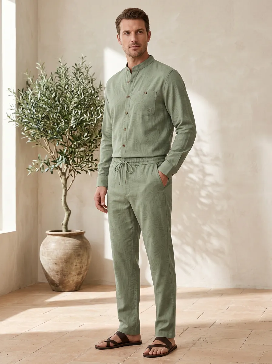 Active Mandarin Collar Drawstring Silhouette Men's Mandarin Collar Shirt And Drawstring Pants Set