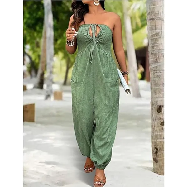 [Plus Size] Solid-Color Jumpsuit with Pockets