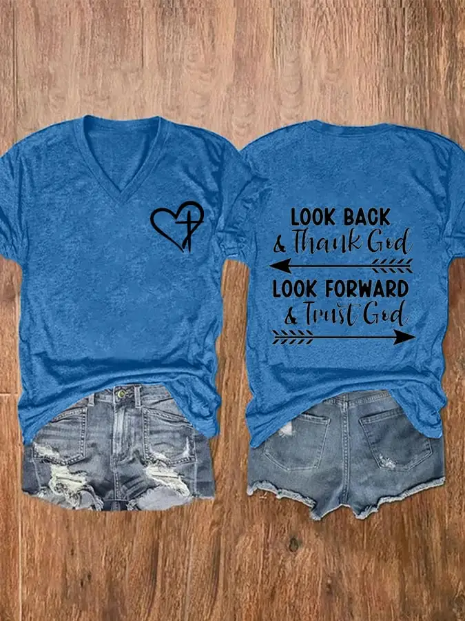 Women's Look Forward And Thank God Print V-Neck Casual T-Shirt