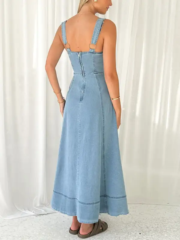 Decor Button Front A-Line Denim Dress