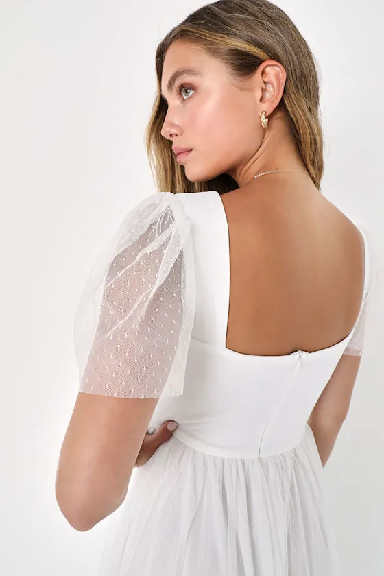 Dreamy Celebration White Tulle Bustier Swiss Dot Midi Dress