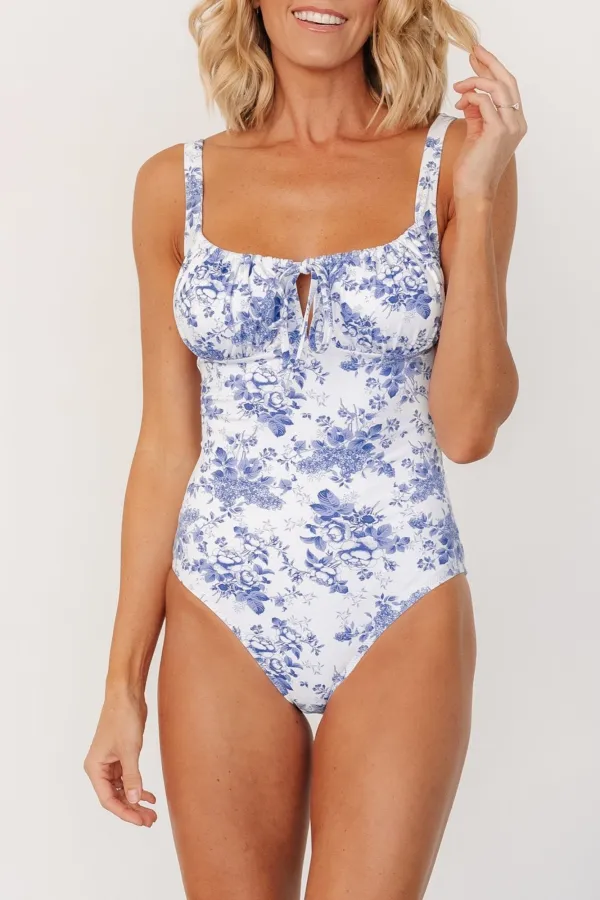 Classic  Breathable Blue Floral Slimming One Piece