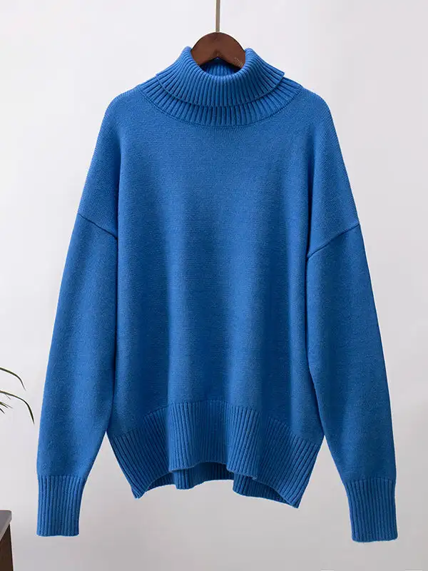 High Low Paneled High Neck Long Sleeve Sweater