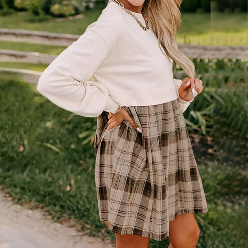 Beige Plaid Patchwork High Waist Sweatshirt Mini Dress