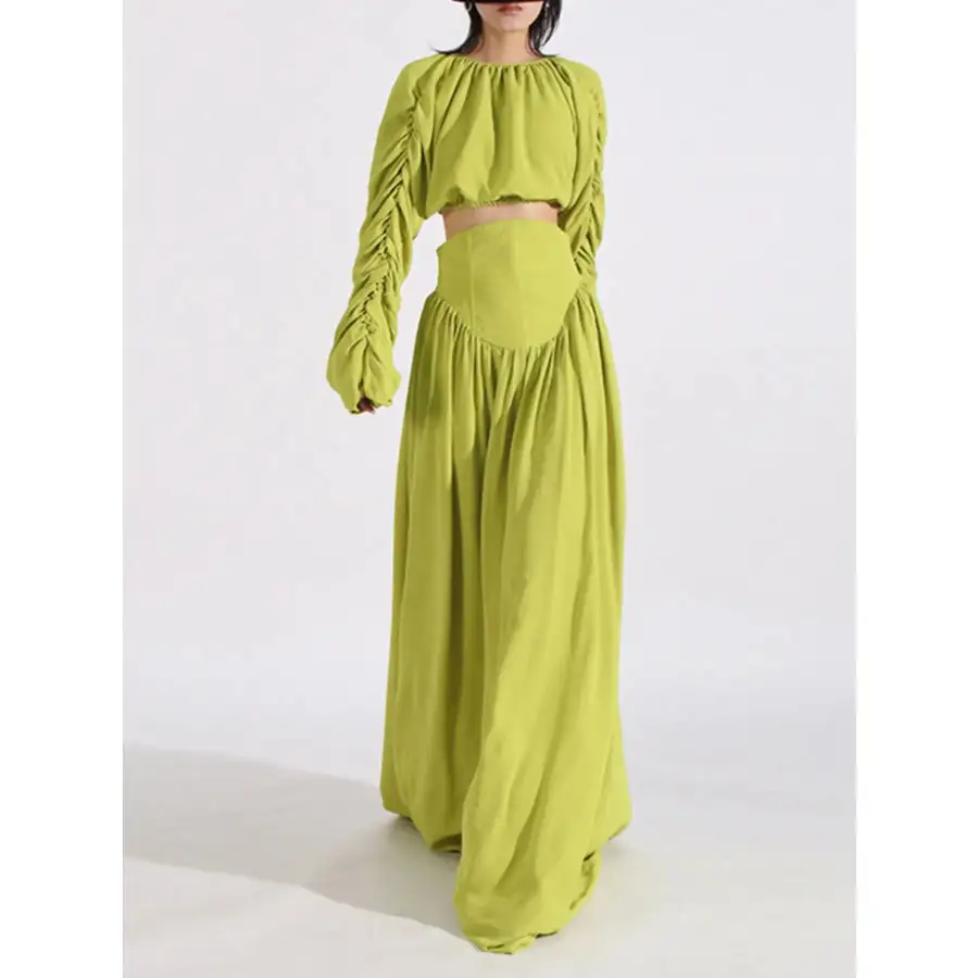 Ruched Long Sleeve Top and High Waist Skirt Set