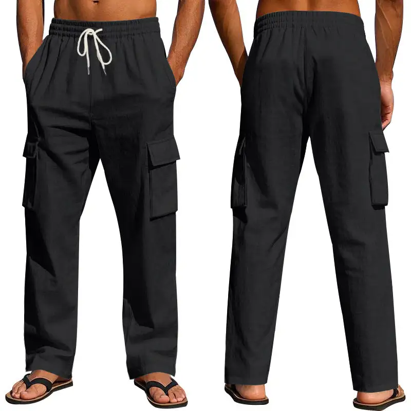 Men's Loose Linen Cargo Pants Waistband Pockets