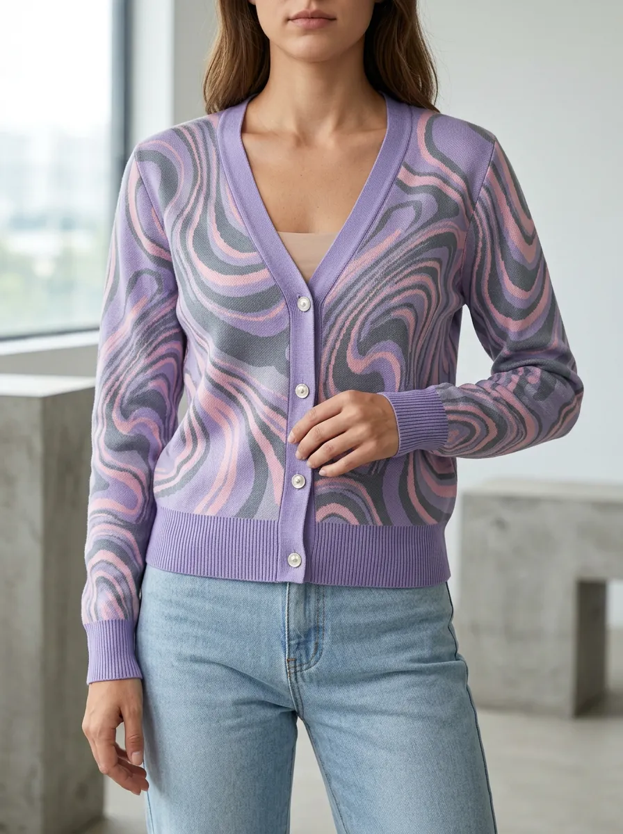 Women's Retro Swirl Pattern Printed Button Front Casual Layering Cardigan