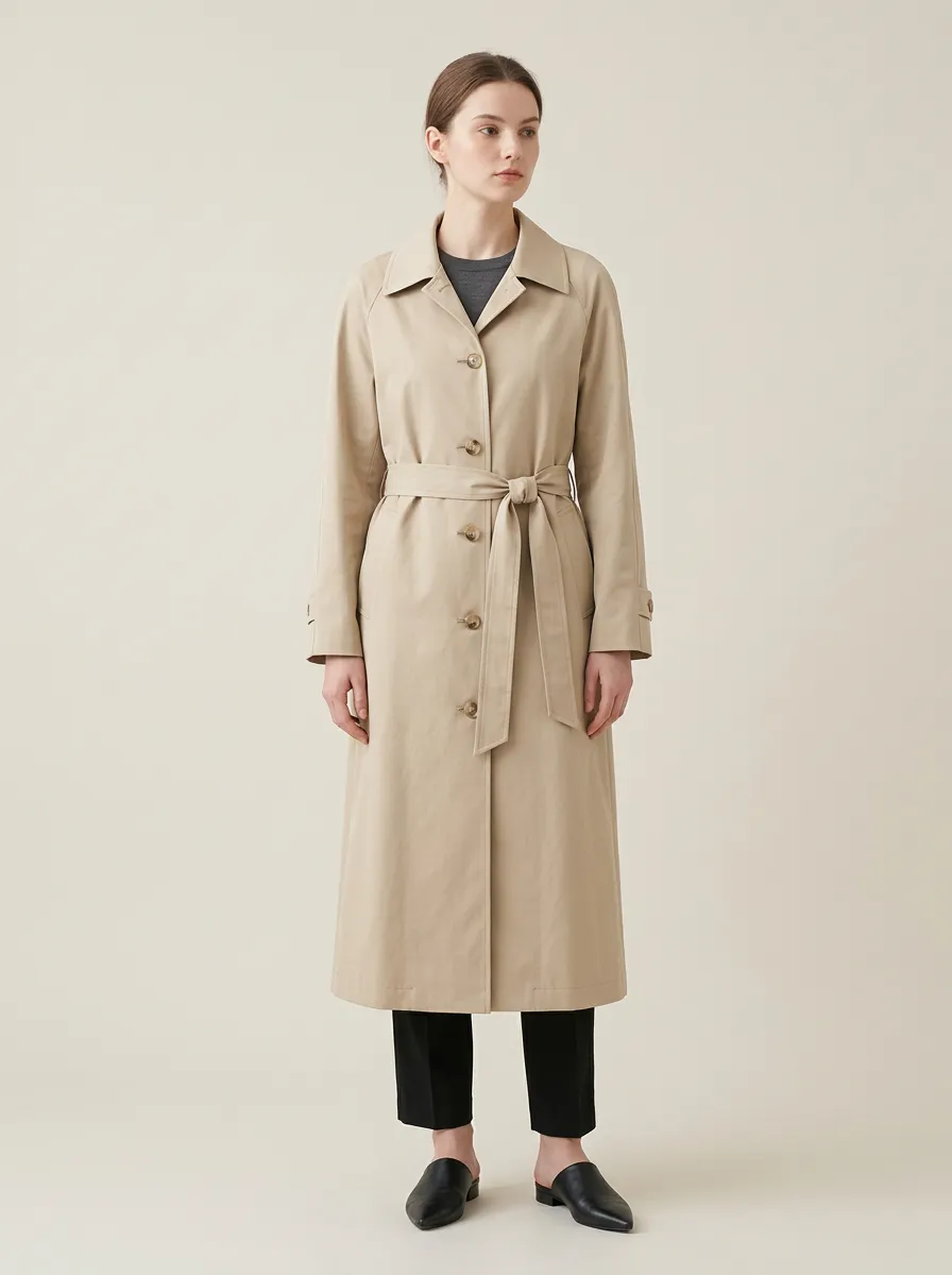 Women's Understated Beige Long Trench Coat with Waist Belt