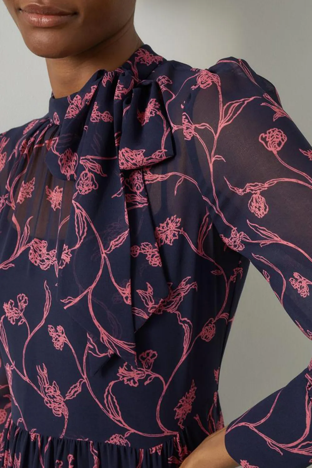 Navy Blue Floral Print Long Sleeve Midi Dress