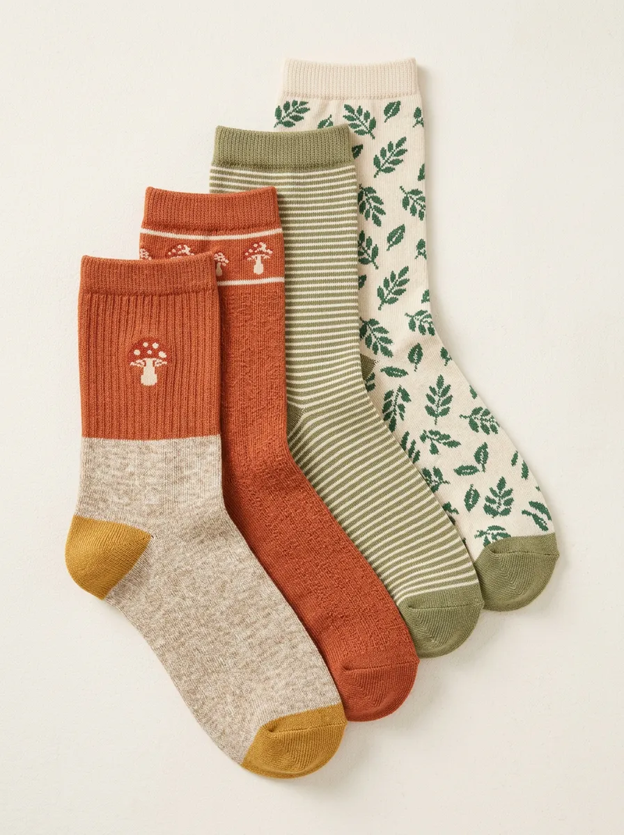 Relaxed Leaf Printed Look Women's Four Pair Socks