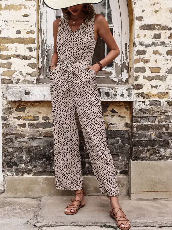 Woven Leopard Print V Neck Jumpsuit