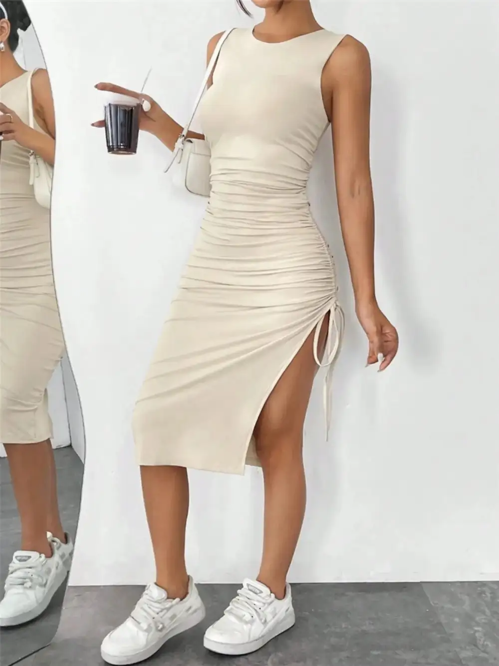 Drawstring Ruched Sleeveless Midi Dress