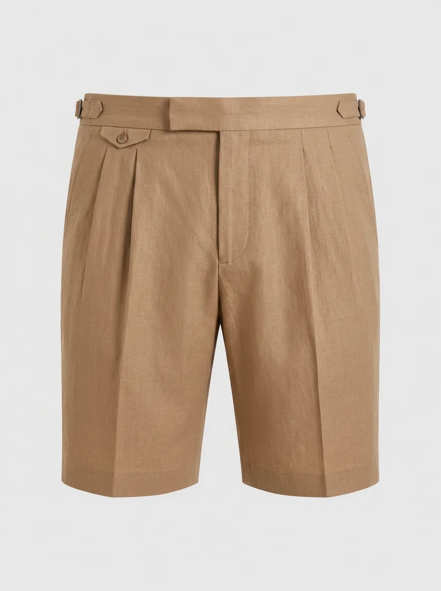 Men's Casual Khaki Pleated Side-Adjuster Linen Shorts