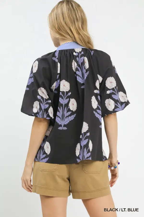 Stem Floral Print Stripe Trim V-Neck Short Puff Sleeve Top