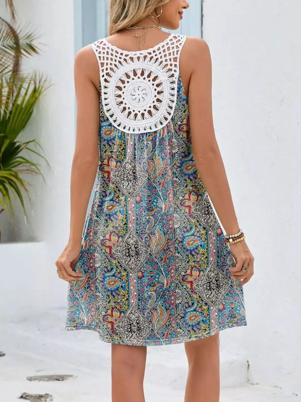Floral Printed Crochet Mini Dress