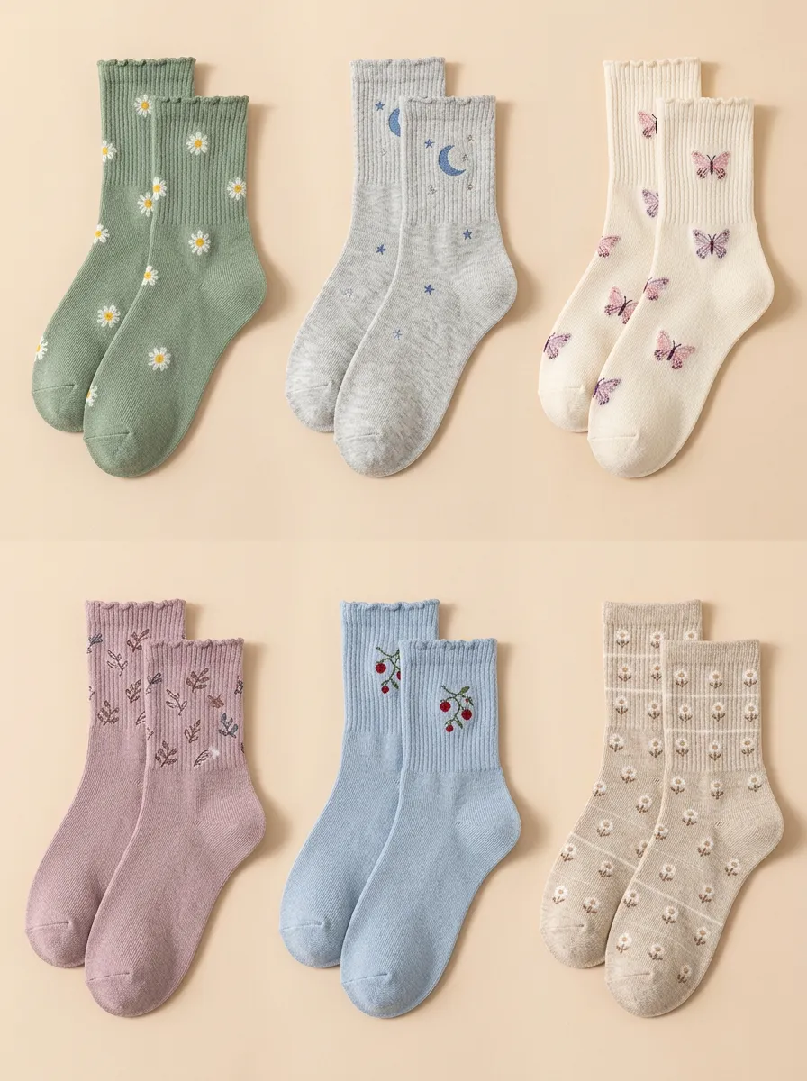Women's Lettuce Edge Embroidered Motif Crew Socks Six Pair Set