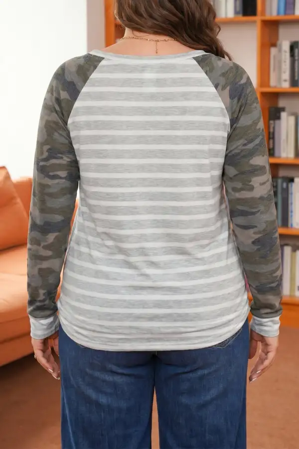 Camouflage Print Round Neck Relaxed Long Sleeve Top