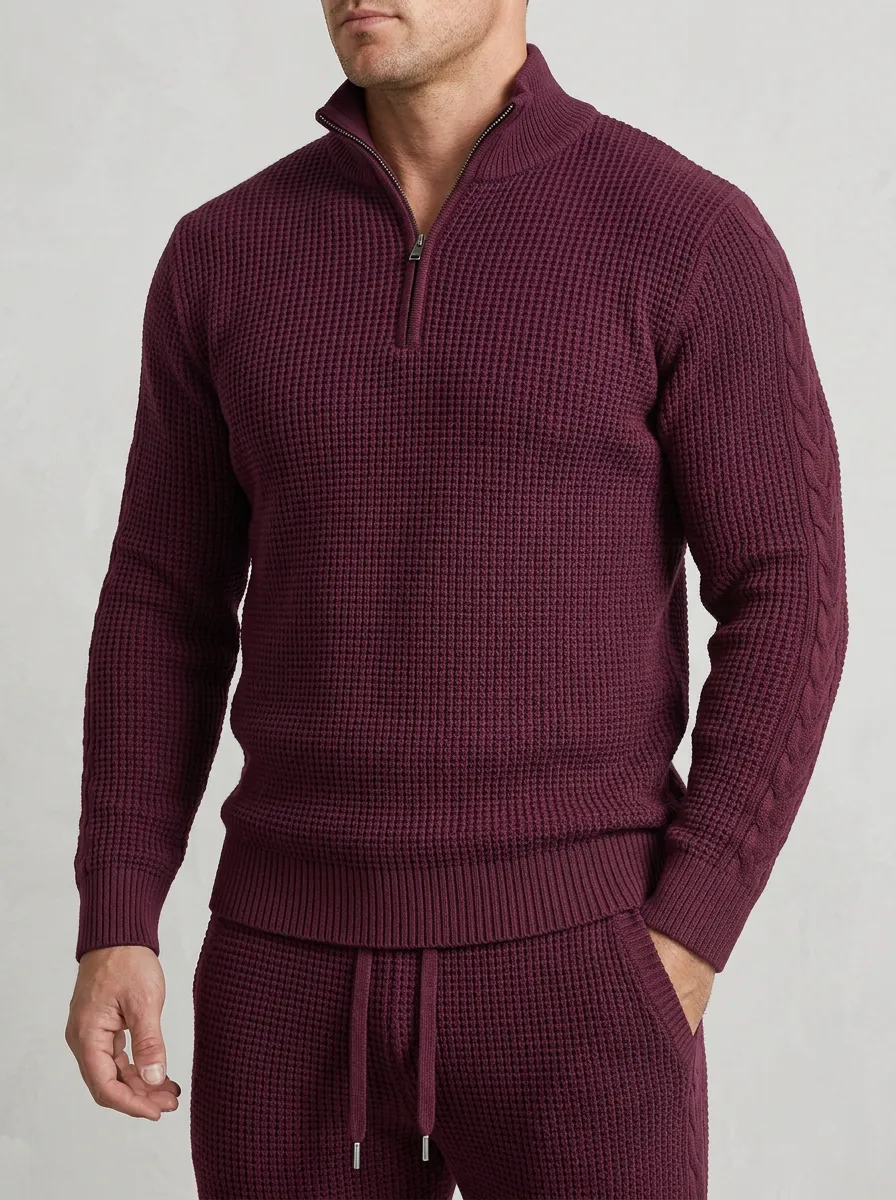 Waffle-Knit Cable-Knit Quarter-Zip Men's Quarter-Zip Knit Tracksuit Set
