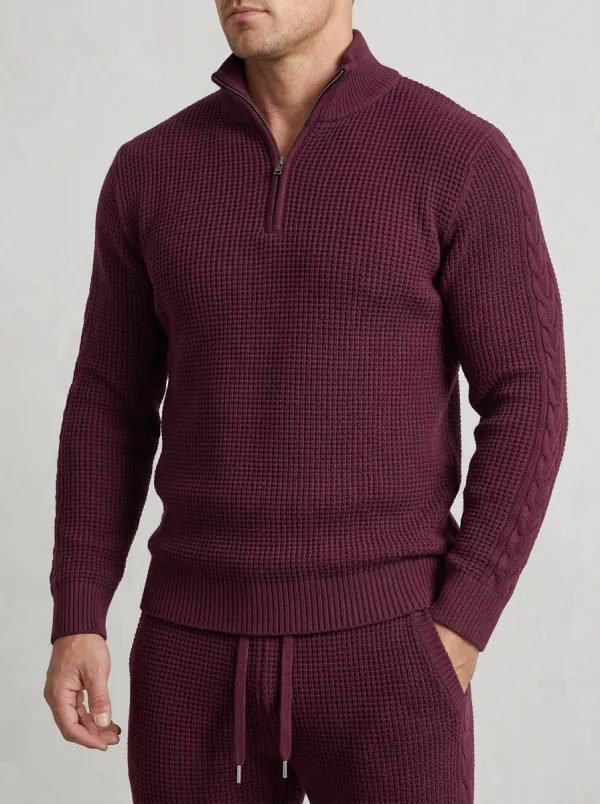 Waffle-Knit Cable-Knit Quarter-Zip Men's Quarter-Zip Knit Tracksuit Set