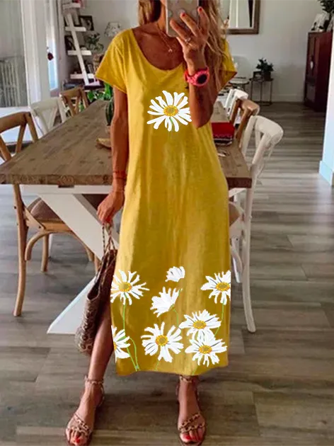 Women Vintage Floral Short Sleeve Printe Maxi Dresses