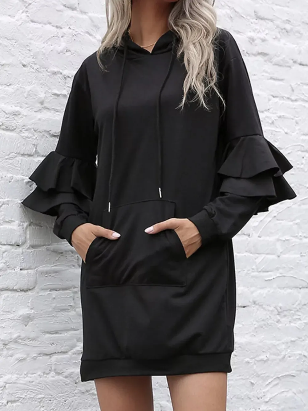 Ruffle Long Sleeve Hooded Mini Dress
