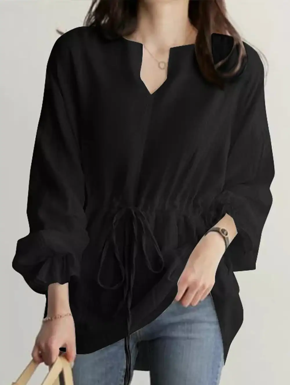 Long-Sleeved V-Neck Shirt Drawstring Waist