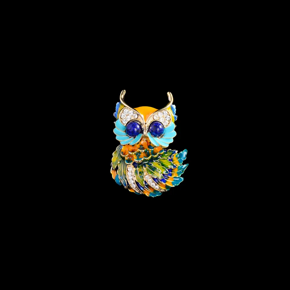 Enamel Owl Crystal Brooch