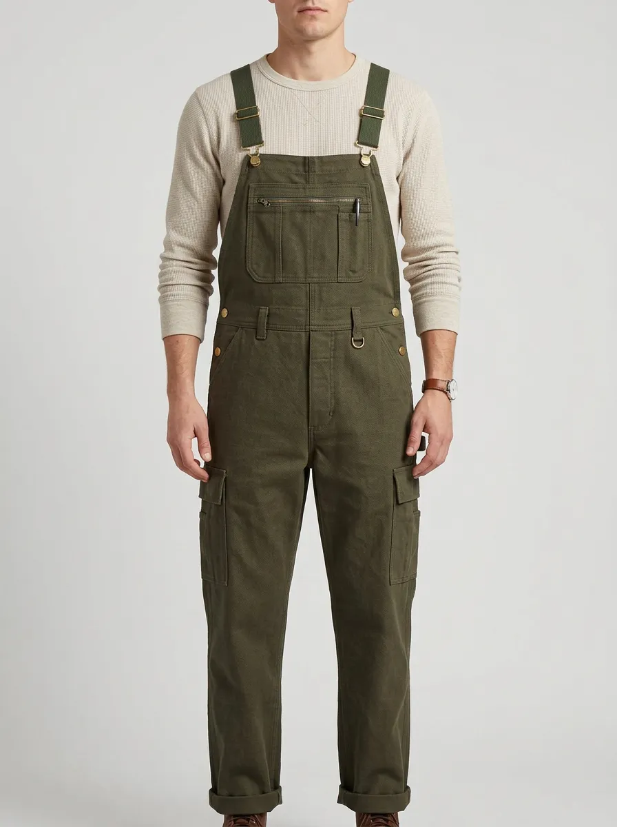 Men's Olive Green Straight-Leg Cargo Bib Overalls