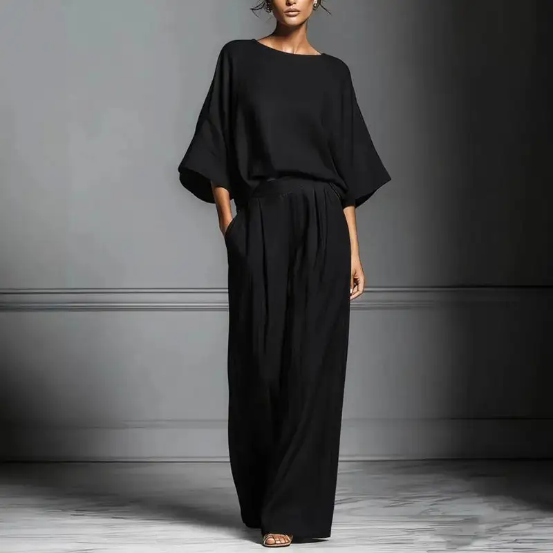Women's Loose Fit Batwing Top And Pleated Pants Set