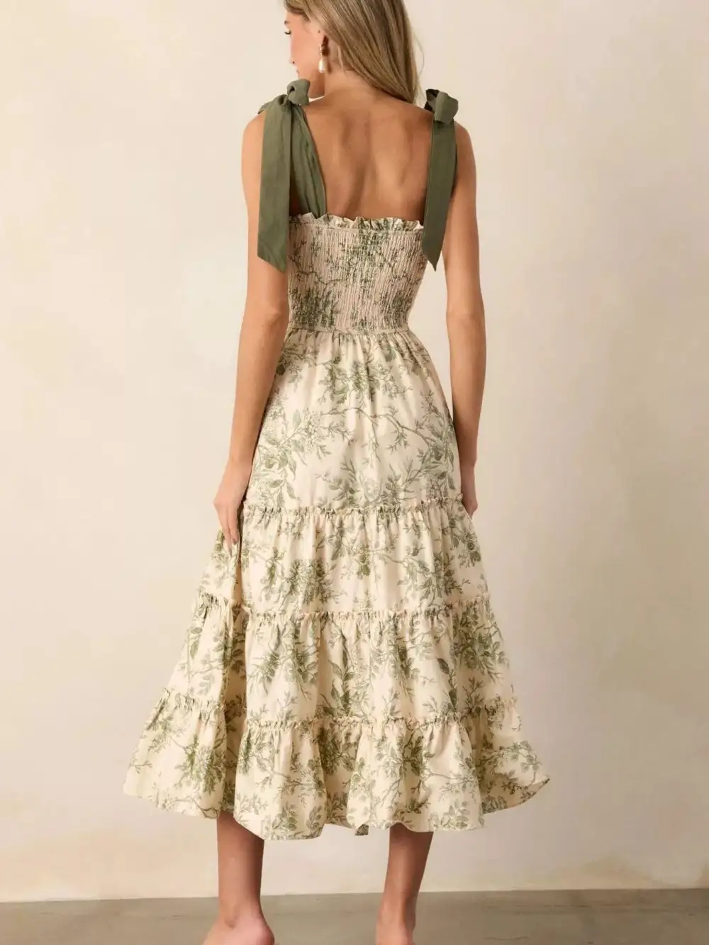 Print Tiered Midi Dress with Tie Straps