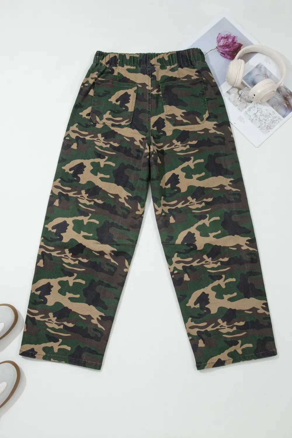 Camouflage Print Drawstring Patch Pocket Barrel Jeans