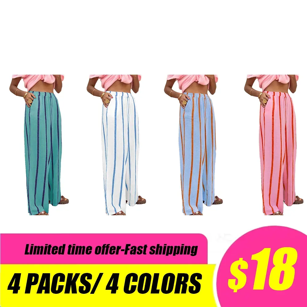 Women's Linen Striped Print Wide Leg Pants