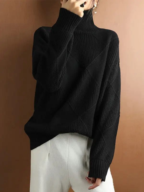 Casual Striped High Neck Long Sleeve Relaxed Fit Sweater