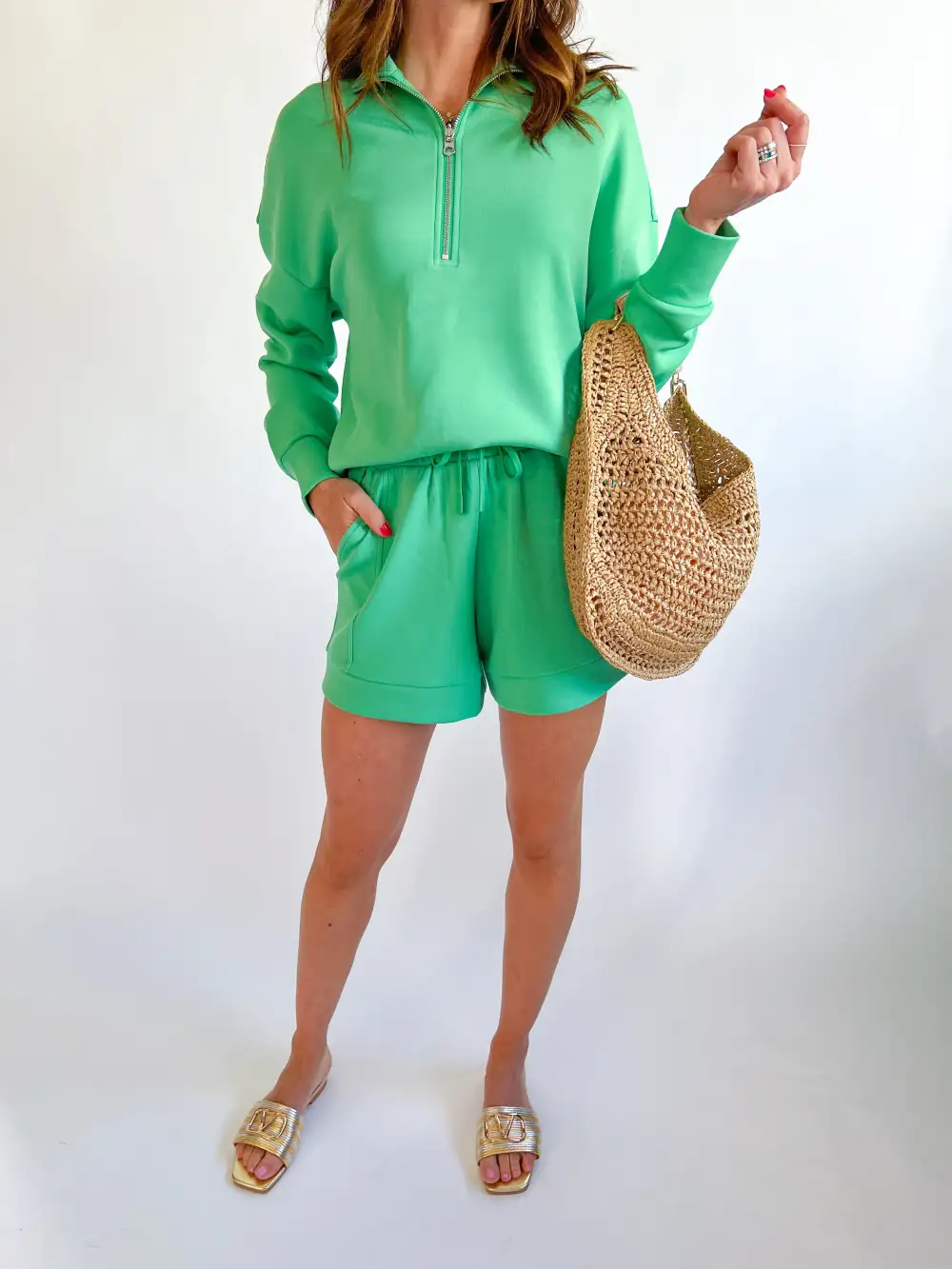 Textured High Rise Shorts Button Detail