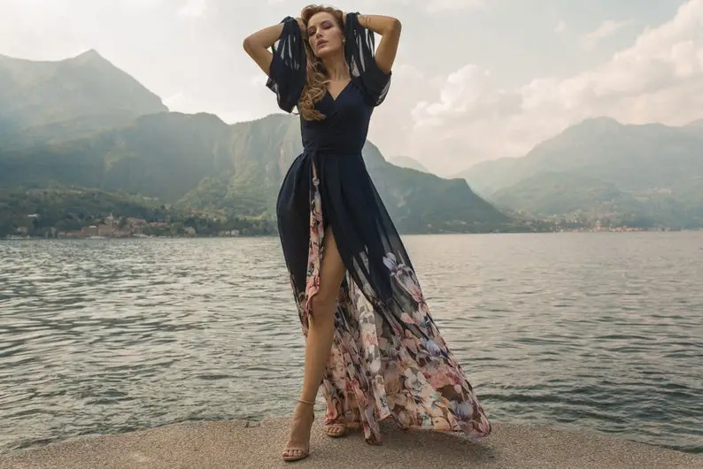 Floral Wrap-over Dress FLORENCE - Long Wedding Guest Dress - Blue Dress For Womne - Chiffon Bridesmaid Dress