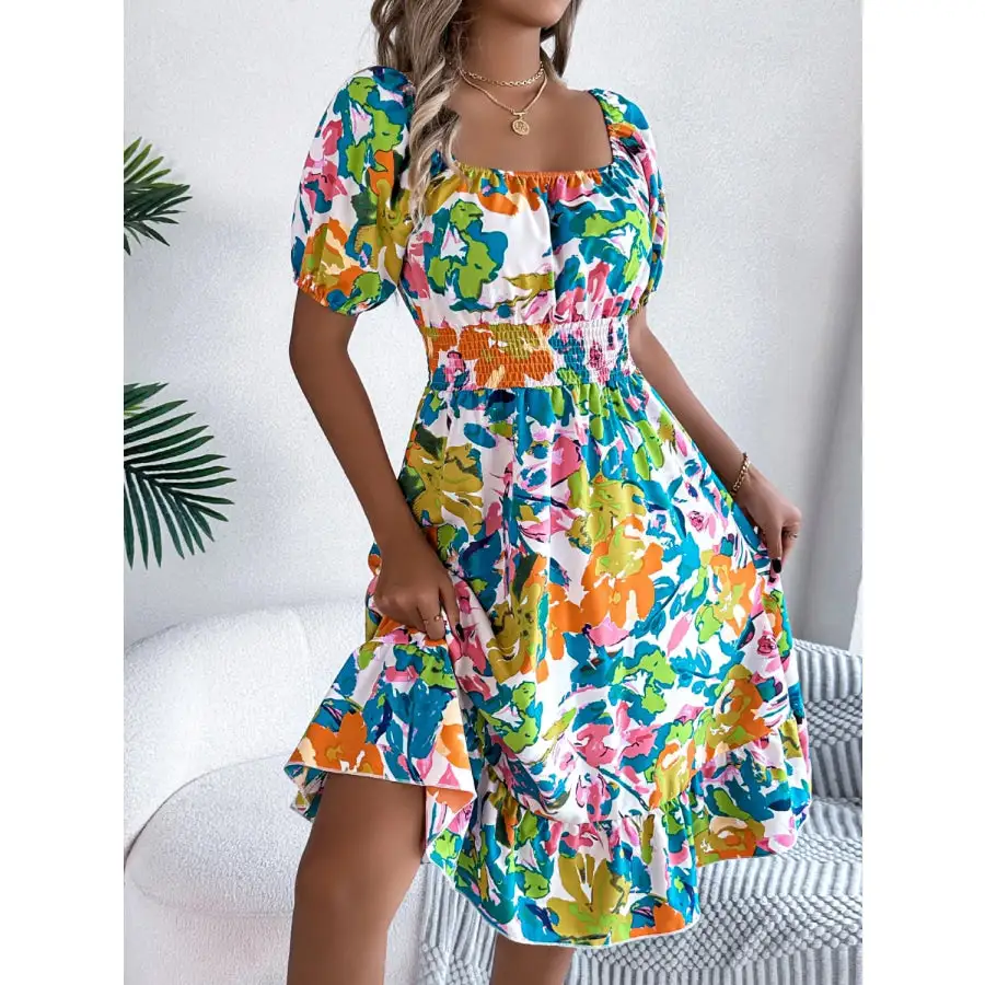 Ruffled Hem Smocked Short Sleeve Midi Dress