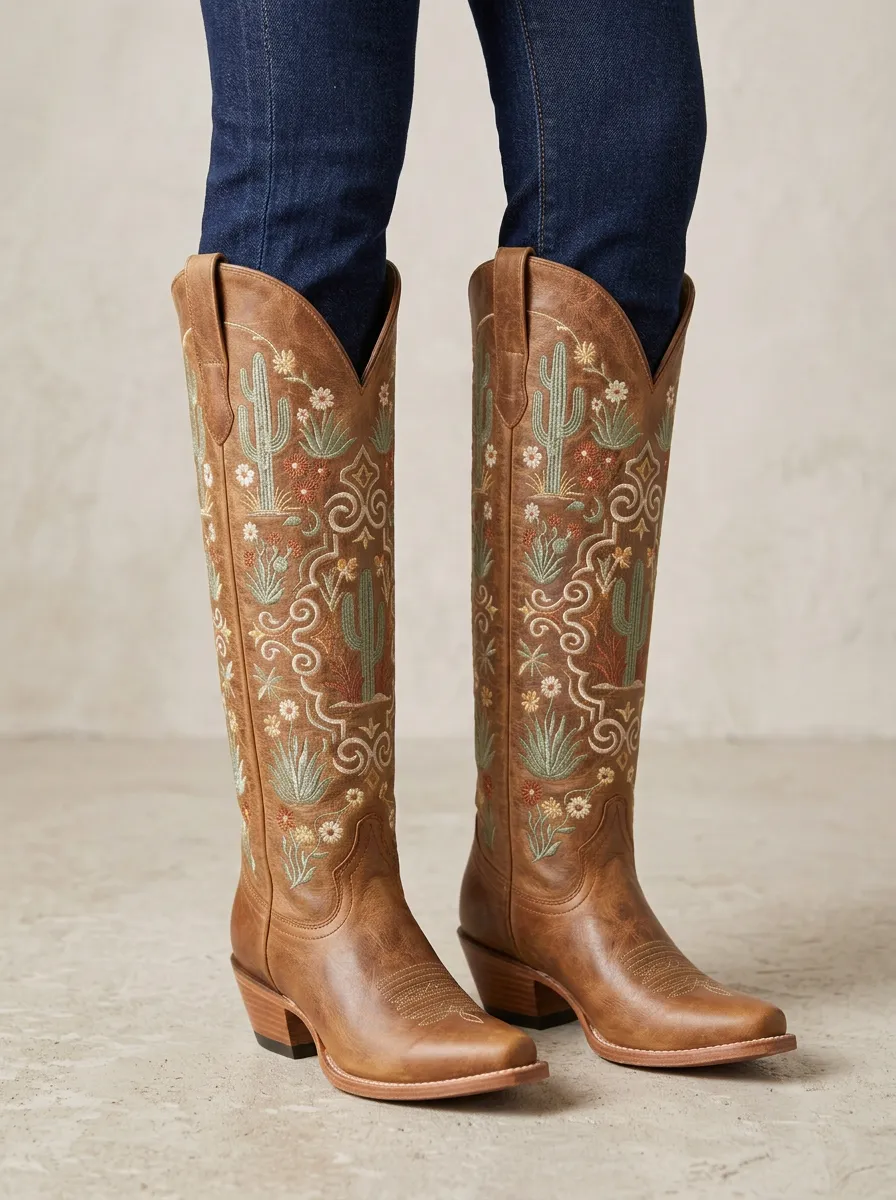 Women's Western Cactus Floral Embroidered Pointed-Toe Block-Heel Denim Over-the-Knee Boots