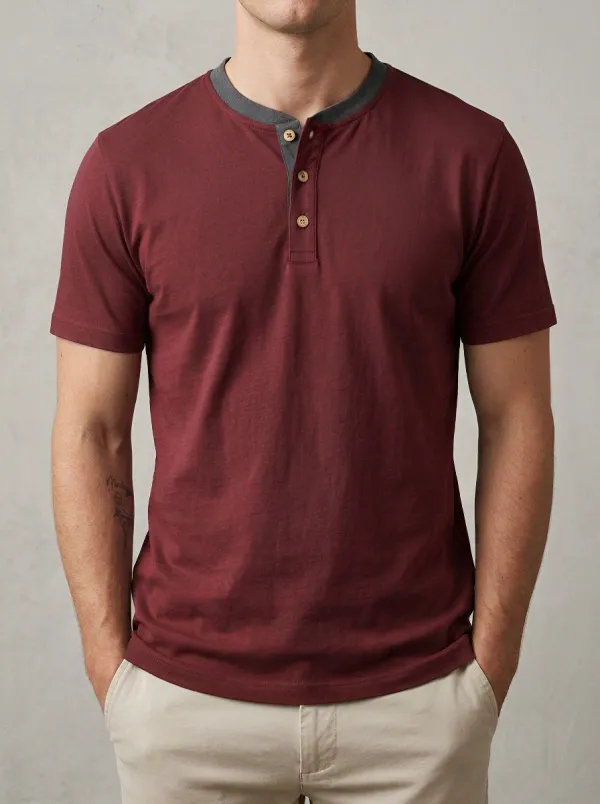 Button-Placket Ribbed Men's Short-Sleeve Henley Shirt