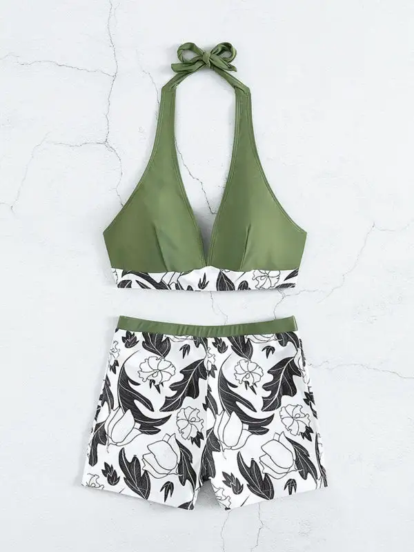 High Waist Boxer Panel Bikini Top Swim Set