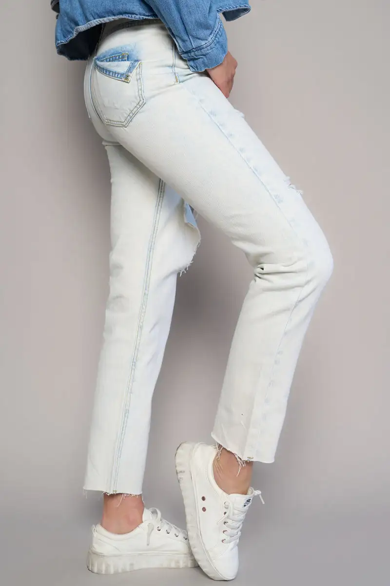 Women's High Rise Raw Hem Ripped Slim Straight Rigid Denim Jeans