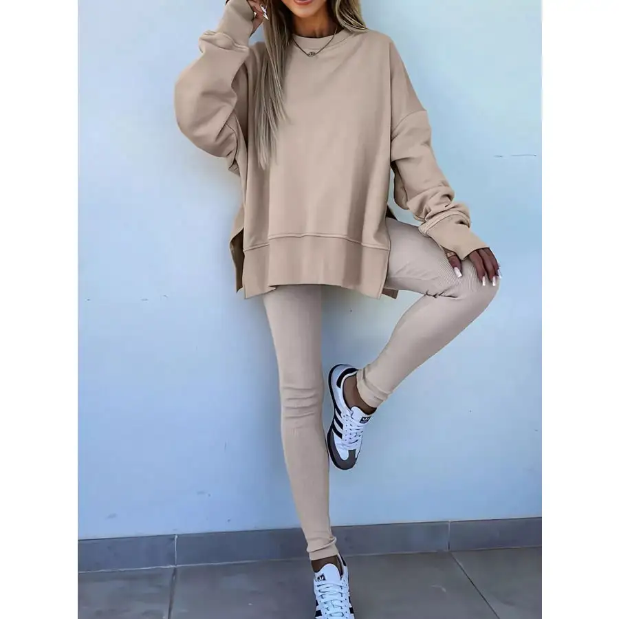 Solid Oversize Slit Sweatshirt and Ribbed Leggings 2pcs Set