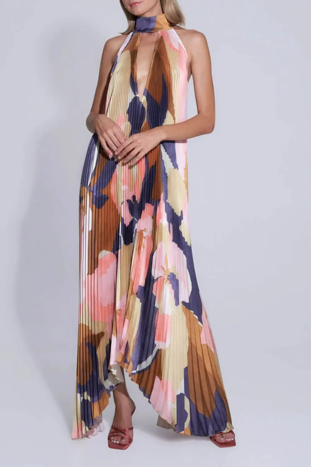 Stylish Pleated Halterneck Strappy Open Back Midi Dress