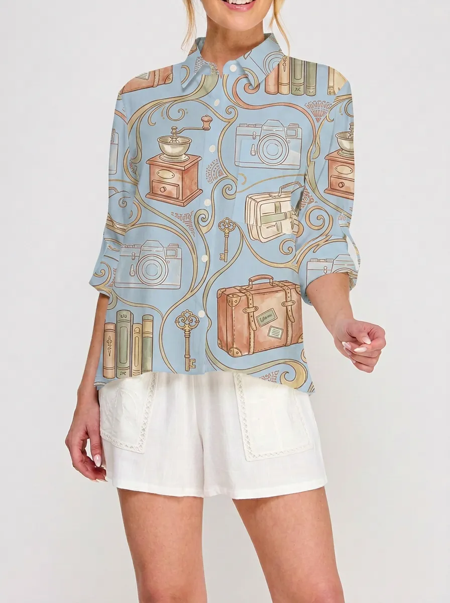 Women's Travel Lover Vintage Camera Suitcase Printed Shirt