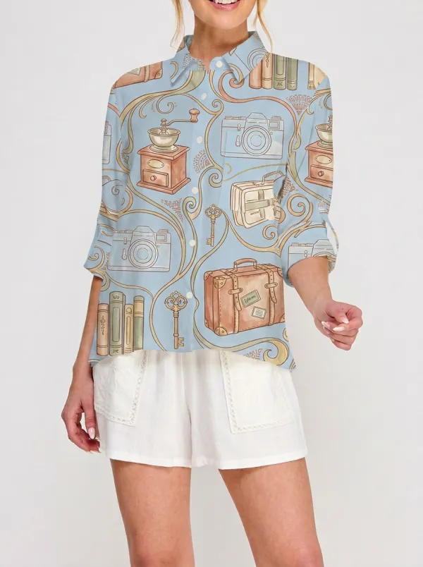 Women's Travel Lover Vintage Camera Suitcase Printed Shirt