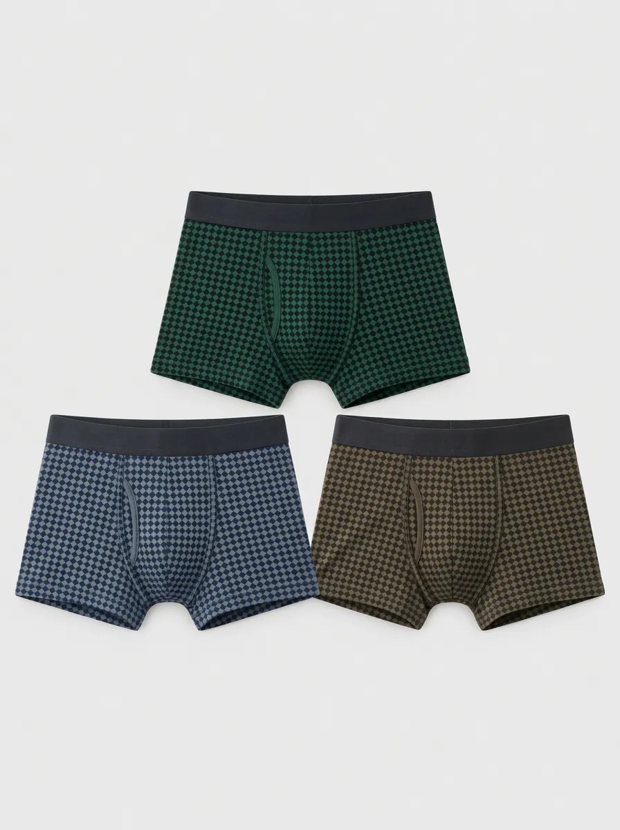 Men's Multicolor Checkered Pattern Geometric Boxer Briefs 3-Pack